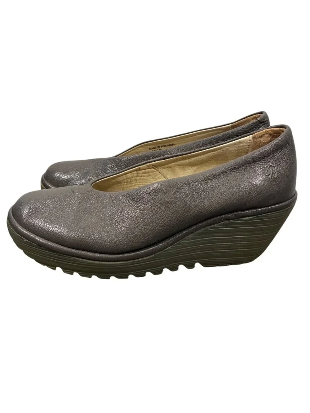 Fly London Womens EU 38 Yaz Gray Leather Slip-On Wedge Heels Shoes